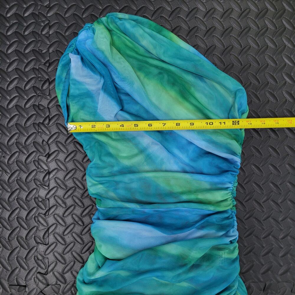 PrettyLittleThing Blue Green Mesh One Shoulder Ruched Maxi Dress US 4 Vacation - Picture 6 of 7